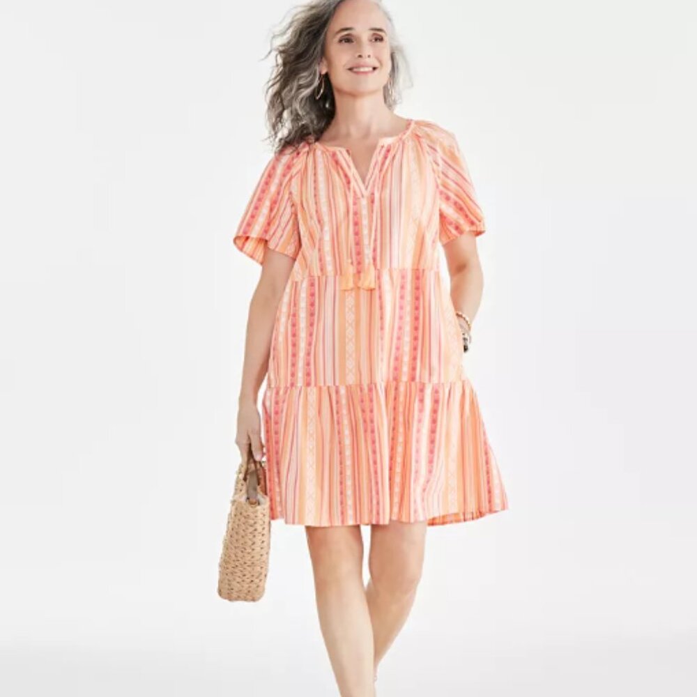 NWT Tiered Stripe Split-Neck Dress Melon Size Medium Boho Casual Pink